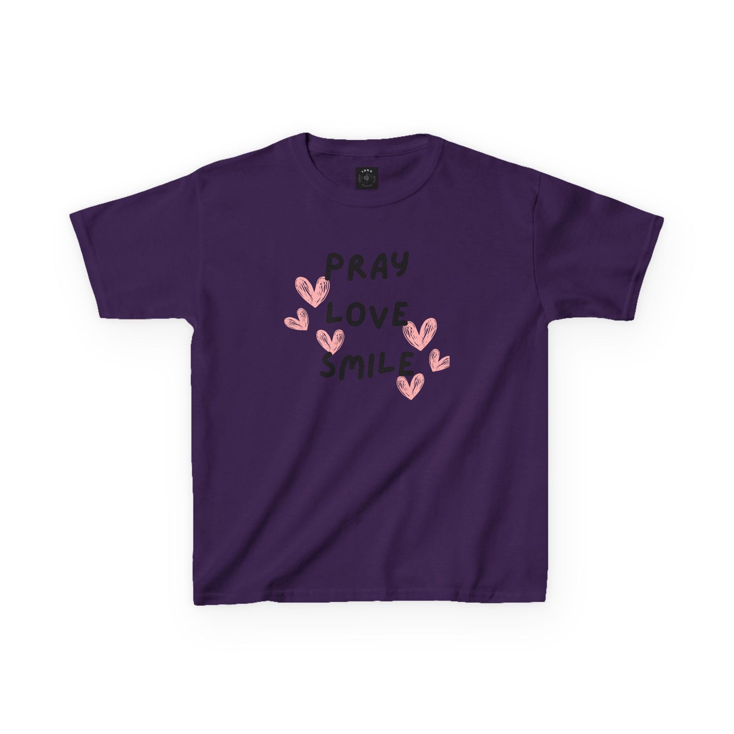 Kids Tee — "Pray Love Smile" Christian T‑Shirt with Hearts (YHWH Back)
