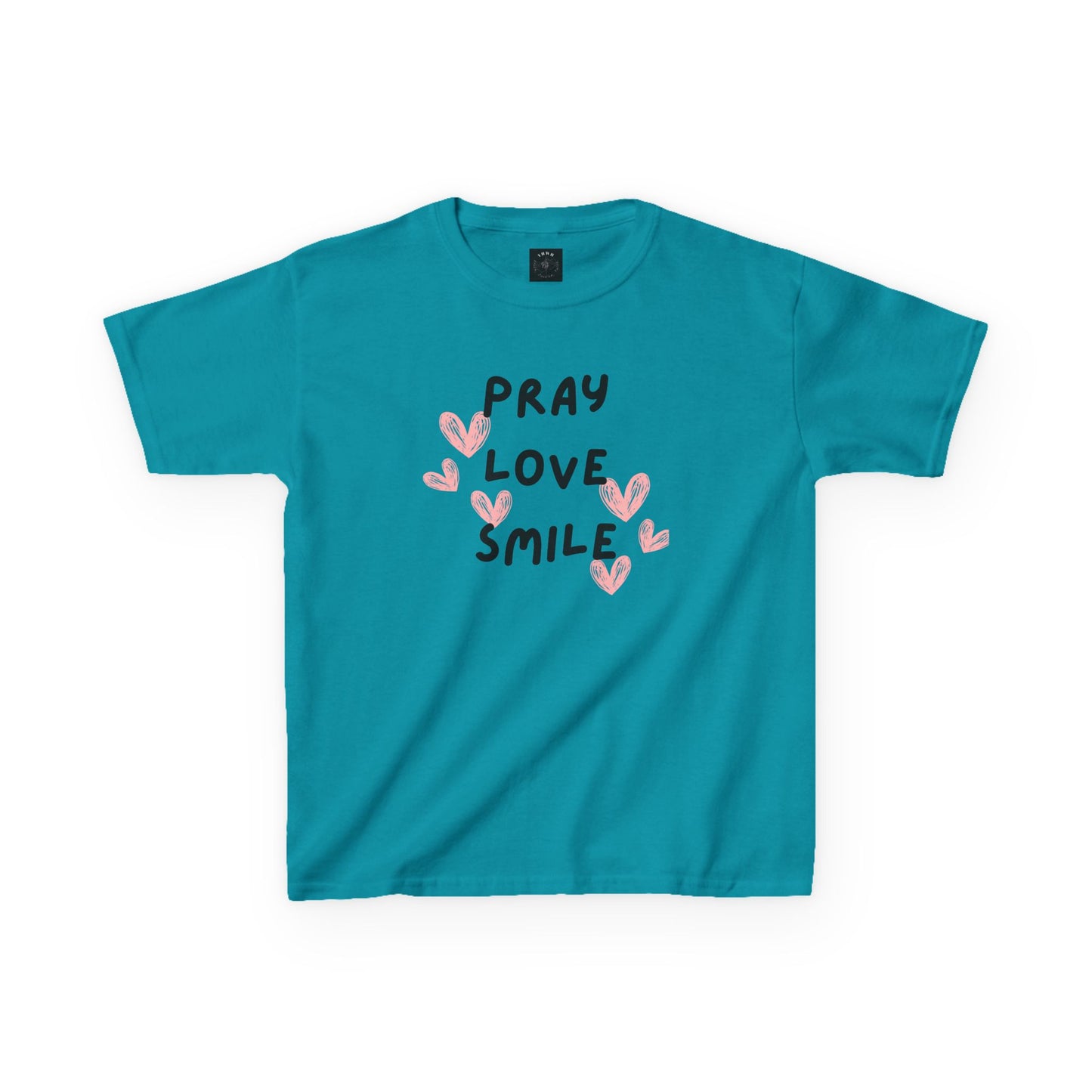 Kids Tee — "Pray Love Smile" Christian T‑Shirt with Hearts (YHWH Back)