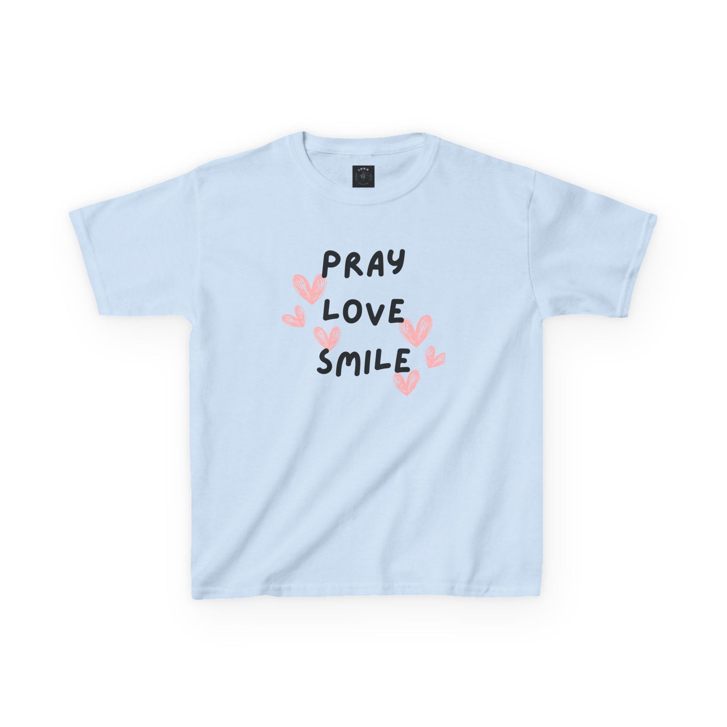 Kids Tee — "Pray Love Smile" Christian T‑Shirt with Hearts (YHWH Back)