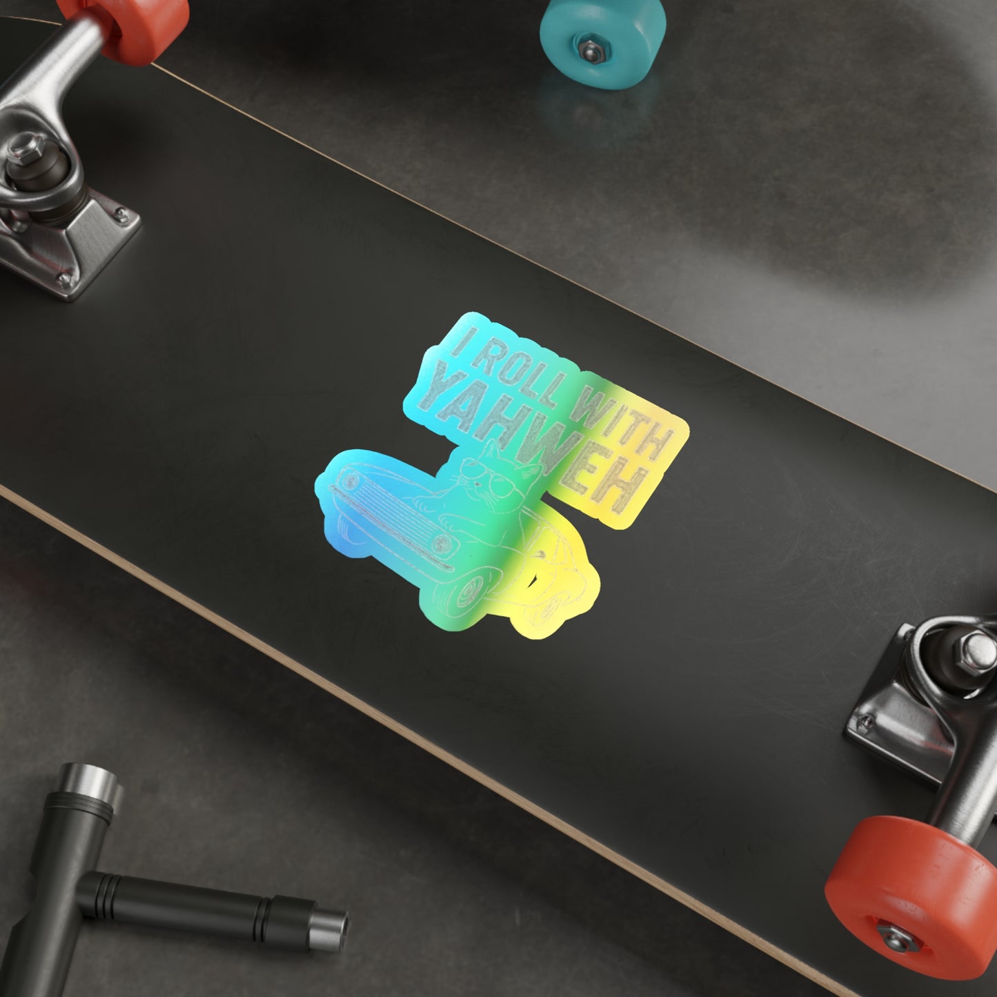 Holographic Die-Cut Sticker — "I Roll With Yahweh" Retro Car Design