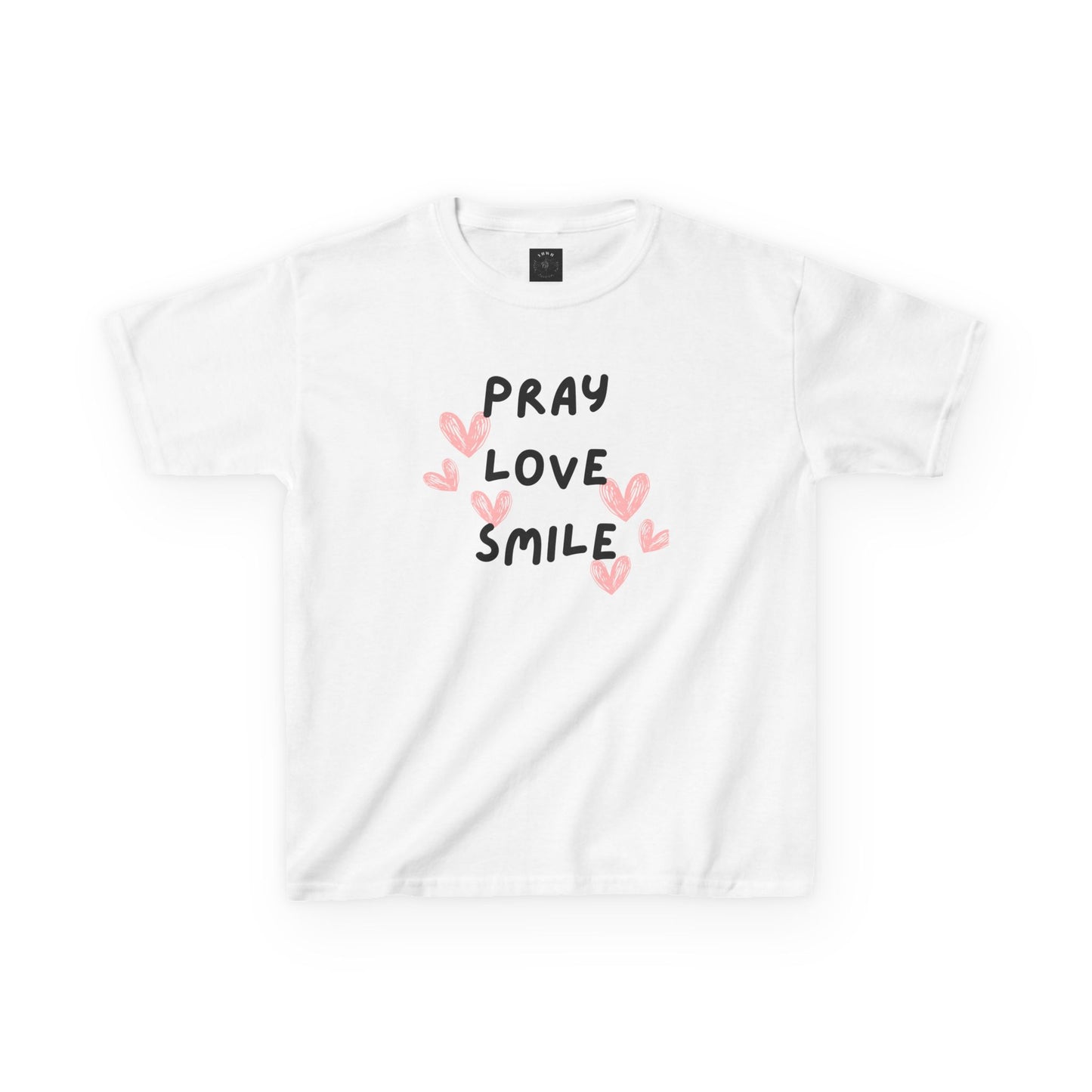 Kids Tee — "Pray Love Smile" Christian T‑Shirt with Hearts (YHWH Back)