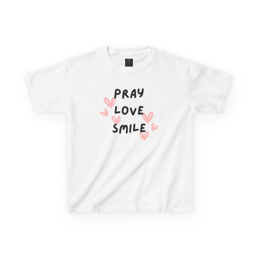 Kids Tee — "Pray Love Smile" Christian T‑Shirt with Hearts (YHWH Back)