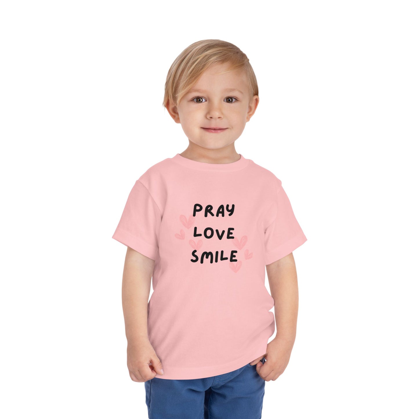 Toddler Tee — "Pray Love Smile" Christian Kids Shirt (YHWH Back)