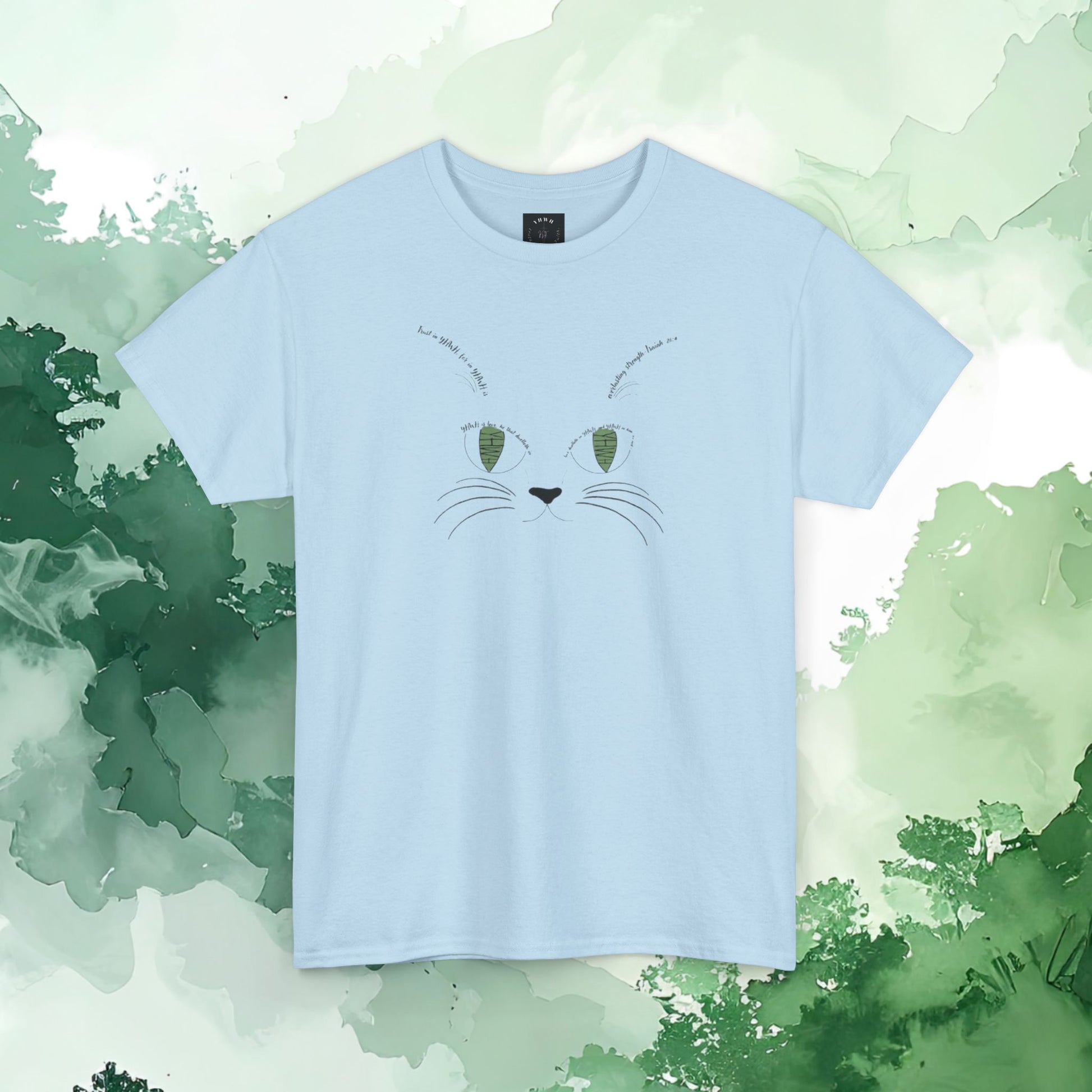 Scripture Cat Face minimal green eyes Christian t-shirt — cute faith graphic tee