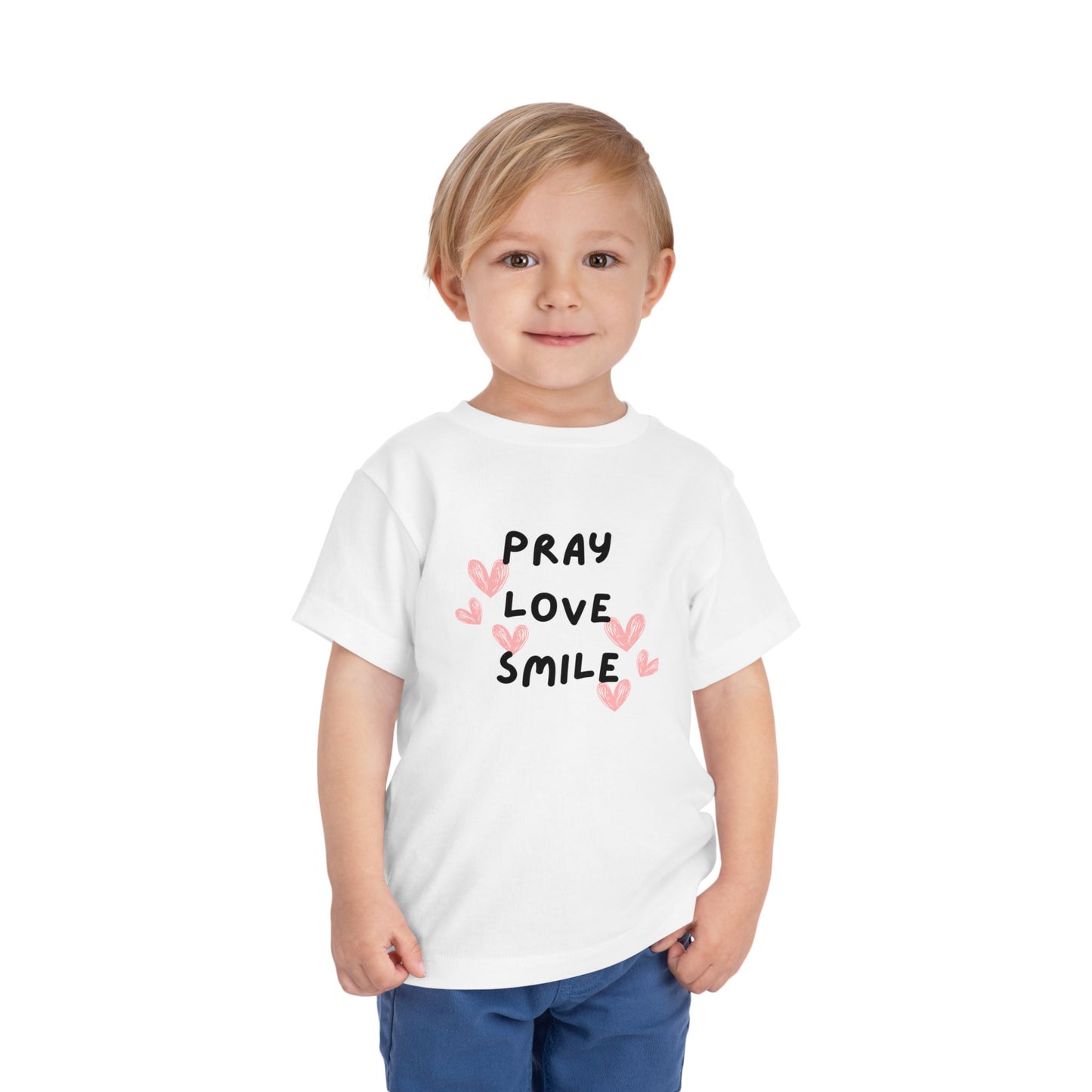 Toddler Tee — "Pray Love Smile" Christian Kids Shirt (YHWH Back)