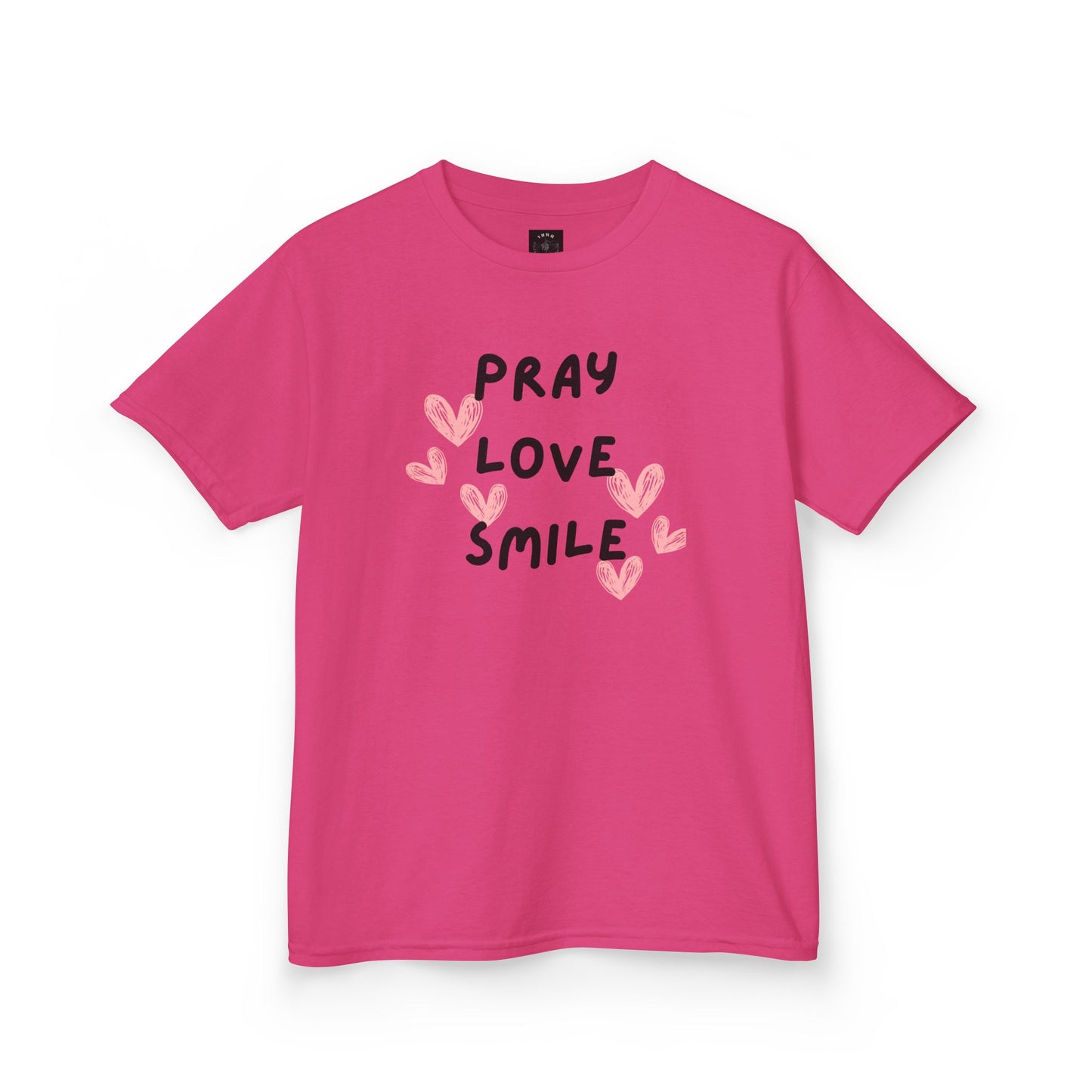 Kids Tee — "Pray Love Smile" Christian T‑Shirt with Hearts (YHWH Back)