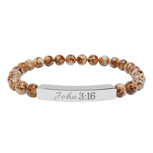 Engraved Natural Stone Stretch Bracelet — "John 3:16" Inspirational Bead Bar
