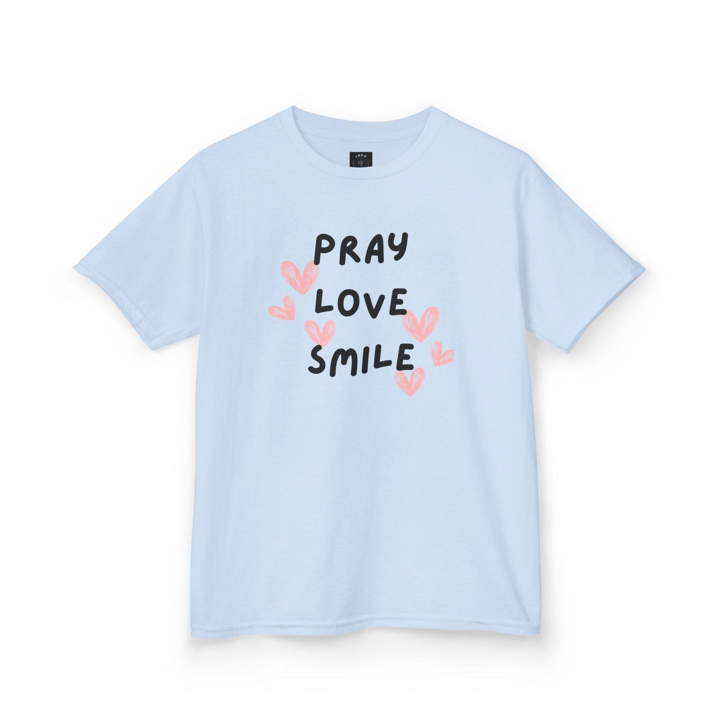 Kids Tee — "Pray Love Smile" Christian T‑Shirt with Hearts (YHWH Back)