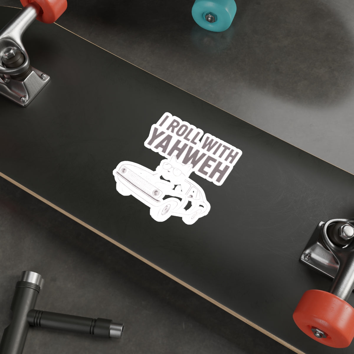 I Roll With Yahweh Die-Cut Sticker — Christian Car Cat Vinyl Decal