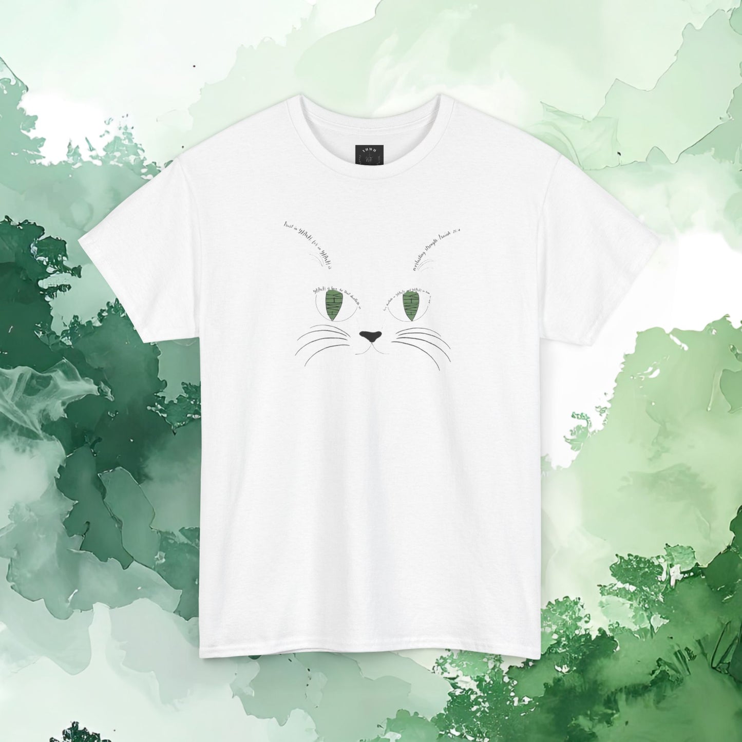 Scripture Cat Face T‑Shirt — Minimal Green Eyes Cute Cat Tee