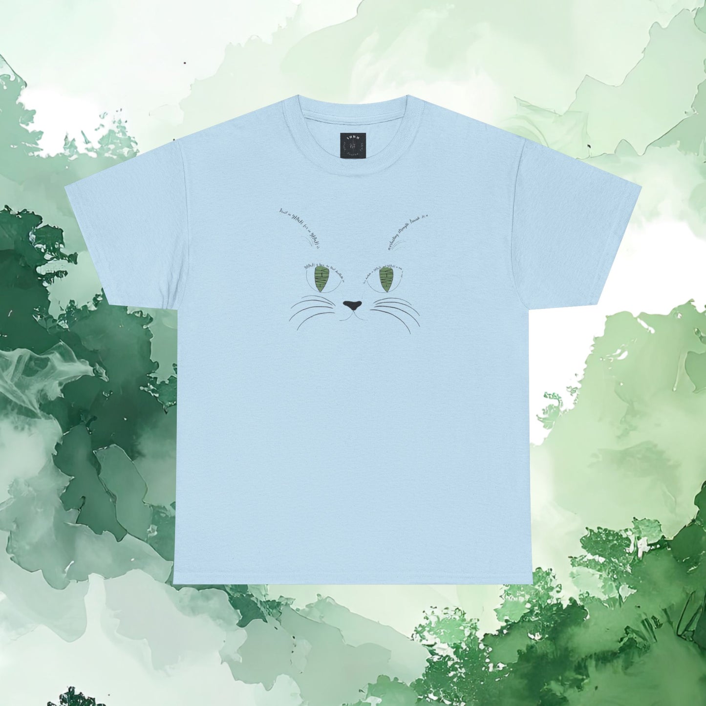 Scripture Cat Face T‑Shirt — Minimal Green Eyes Cute Cat Tee