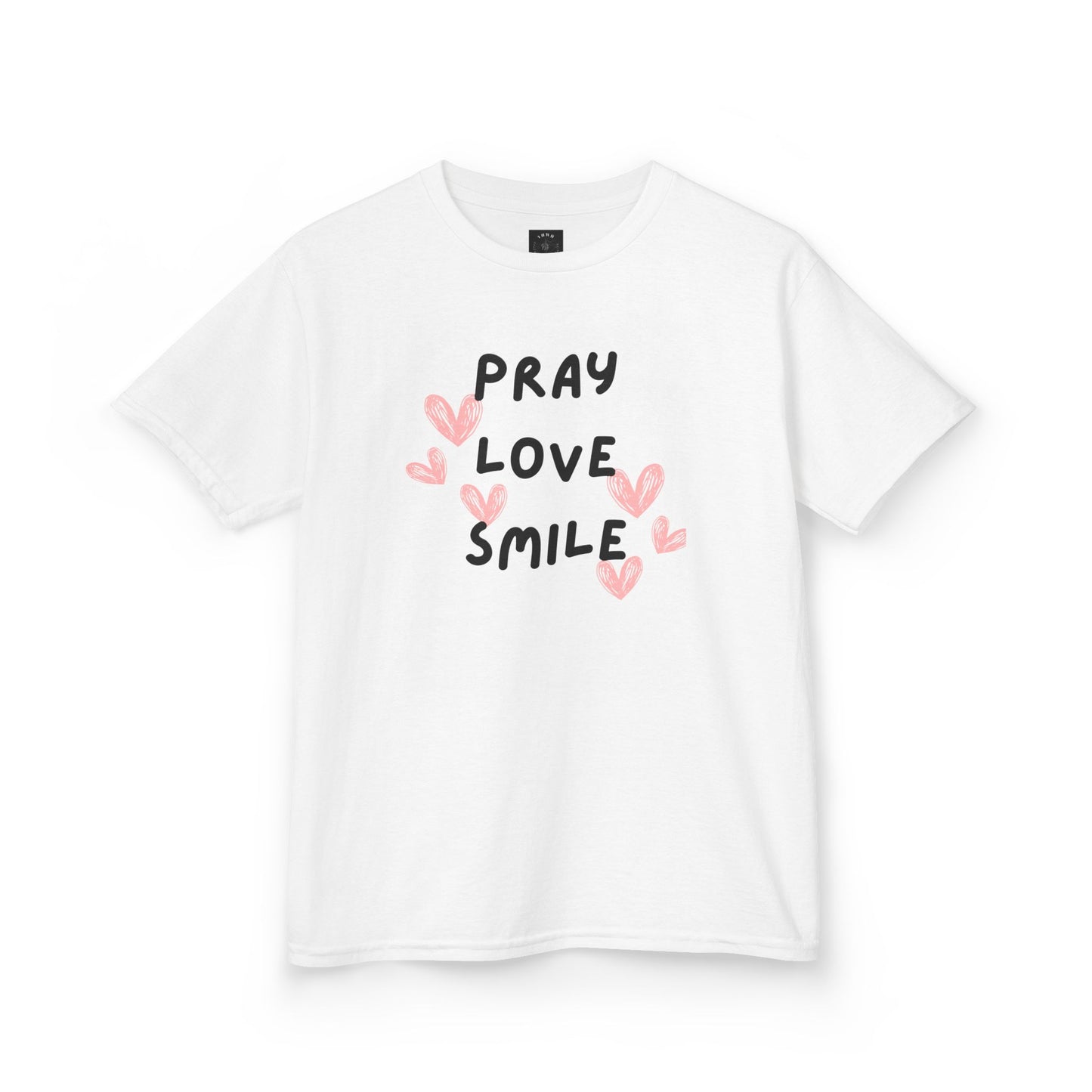 Kids Tee — "Pray Love Smile" Christian T‑Shirt with Hearts (YHWH Back)