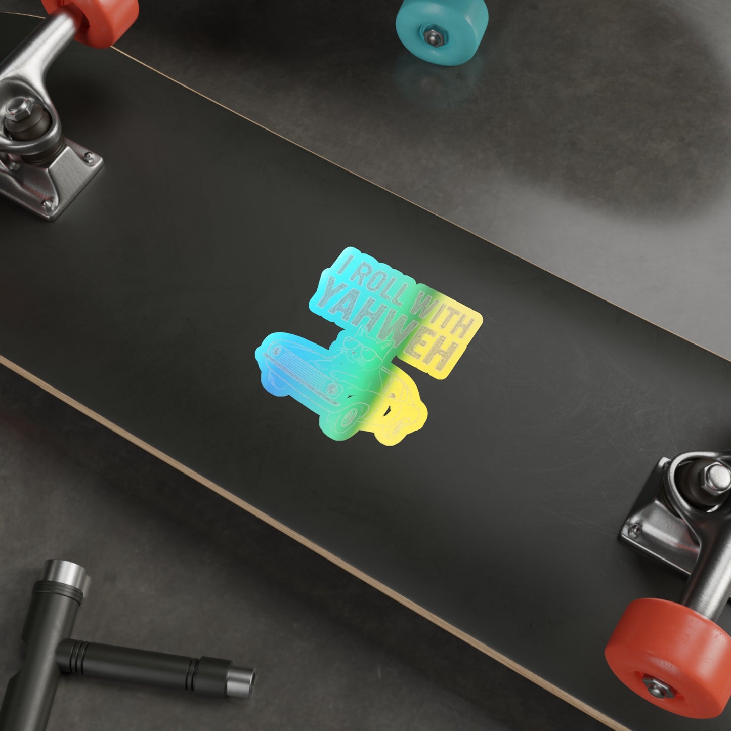 Holographic Die-Cut Sticker — "I Roll With Yahweh" Retro Car Design