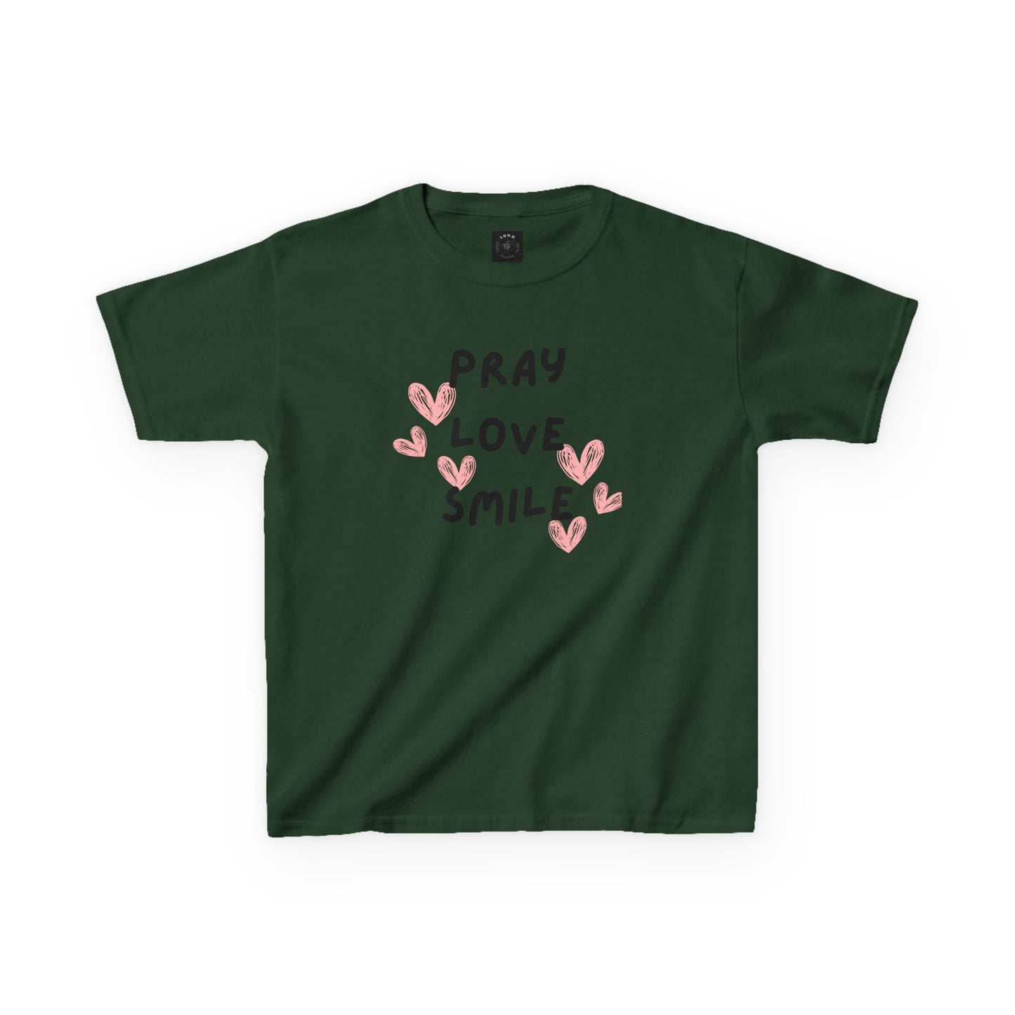 Kids Tee — "Pray Love Smile" Christian T‑Shirt with Hearts (YHWH Back)