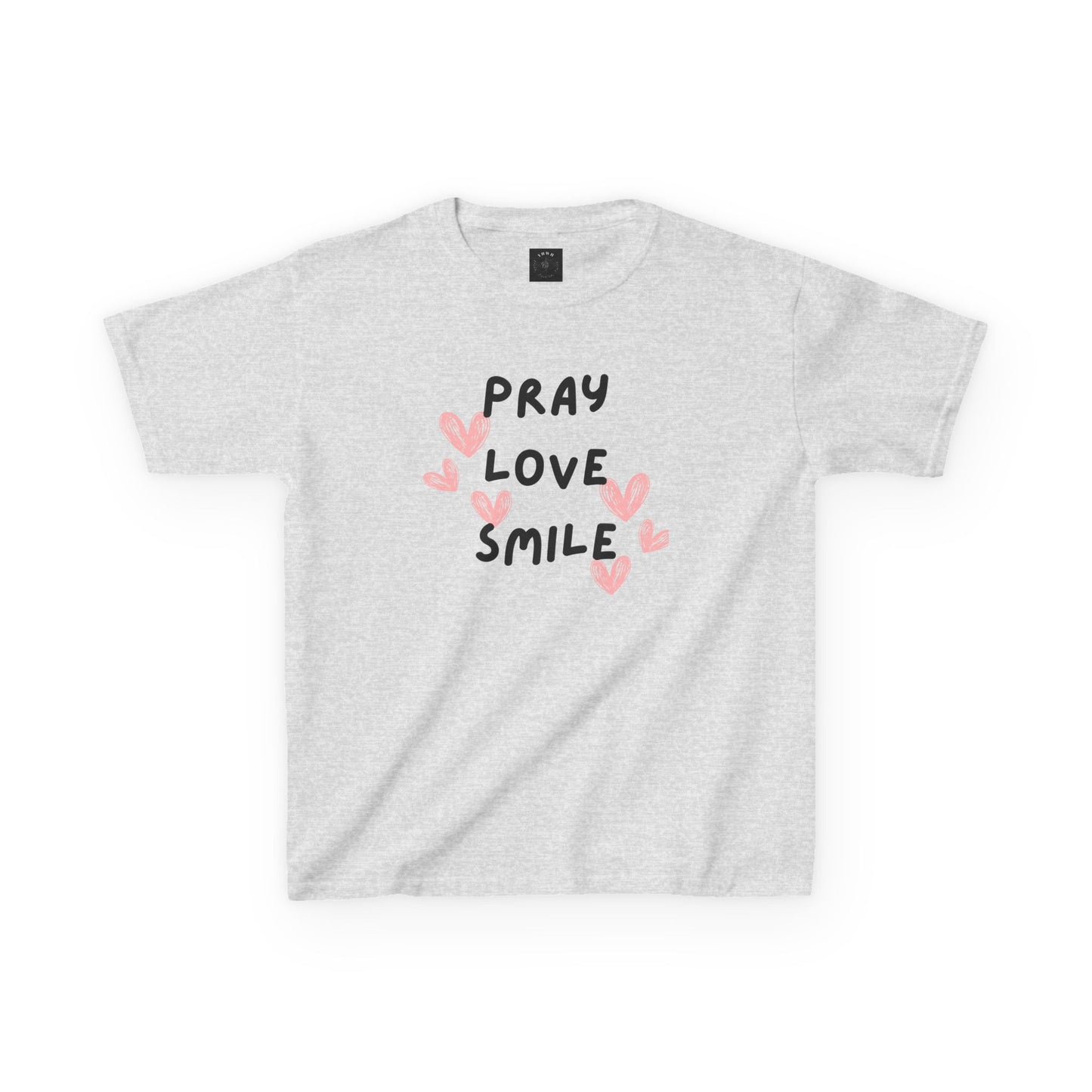 Kids Tee — "Pray Love Smile" Christian T‑Shirt with Hearts (YHWH Back)