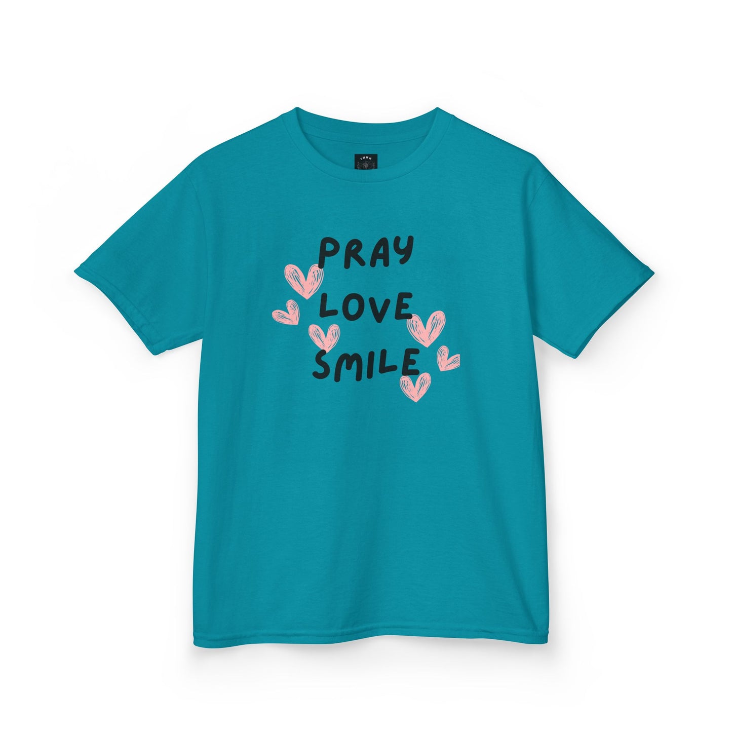Kids Tee — "Pray Love Smile" Christian T‑Shirt with Hearts (YHWH Back)