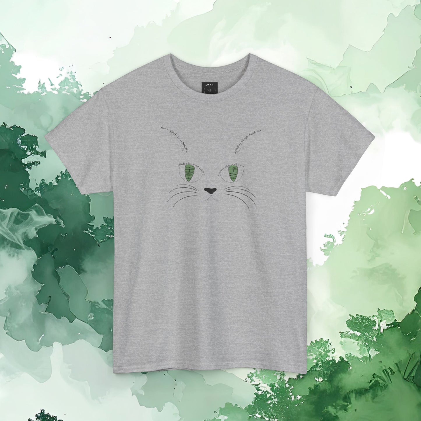 Scripture Cat Face T‑Shirt — Minimal Green Eyes Cute Cat Tee