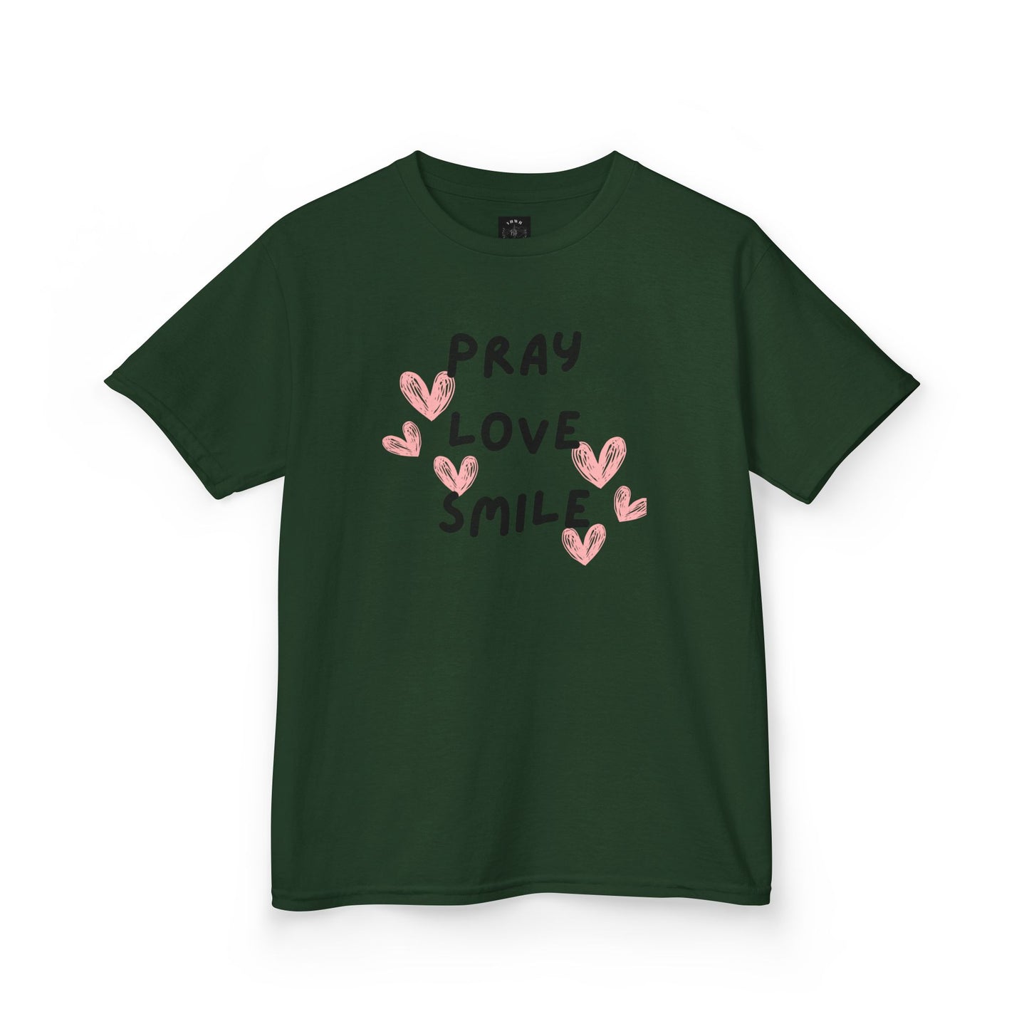Kids Tee — "Pray Love Smile" Christian T‑Shirt with Hearts (YHWH Back)