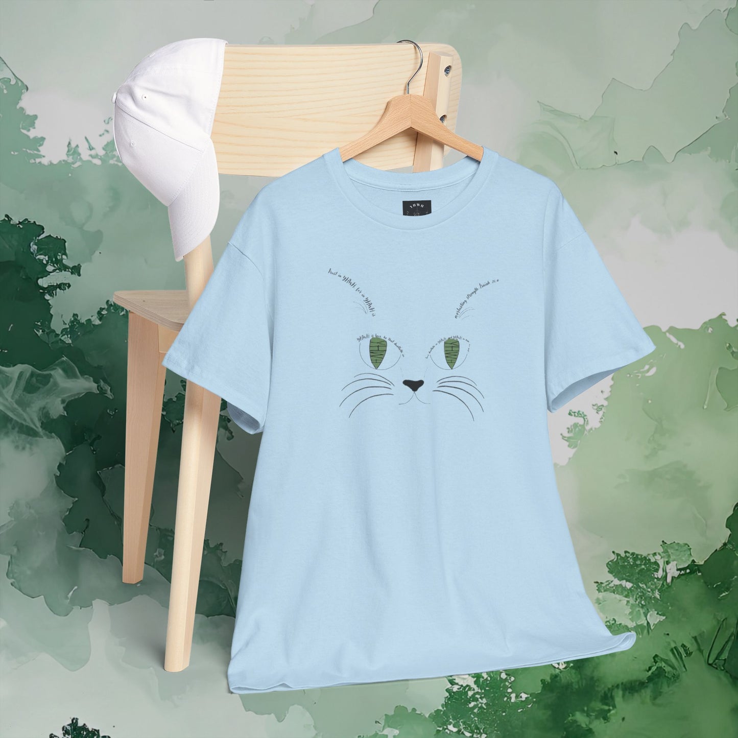 Scripture Cat Face T‑Shirt — Minimal Green Eyes Cute Cat Tee