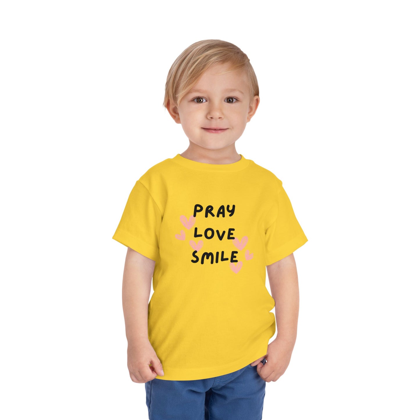 Toddler Tee — "Pray Love Smile" Christian Kids Shirt (YHWH Back)