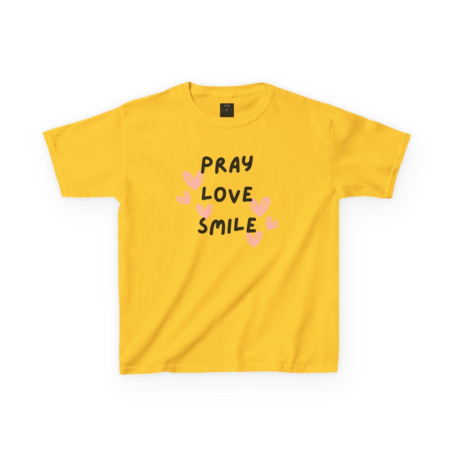 Kids Tee — "Pray Love Smile" Christian T‑Shirt with Hearts (YHWH Back)