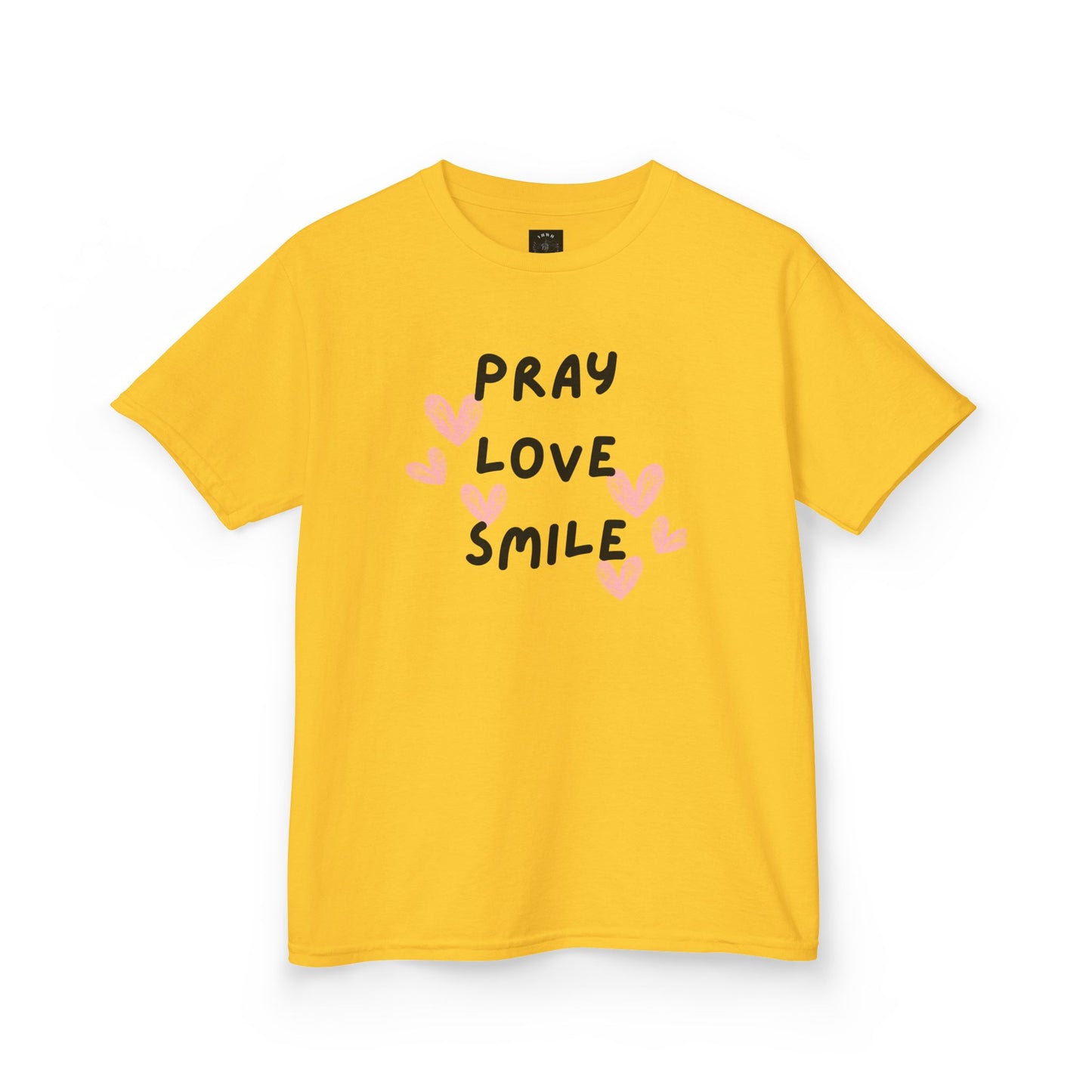 Kids Tee — "Pray Love Smile" Christian T‑Shirt with Hearts (YHWH Back)