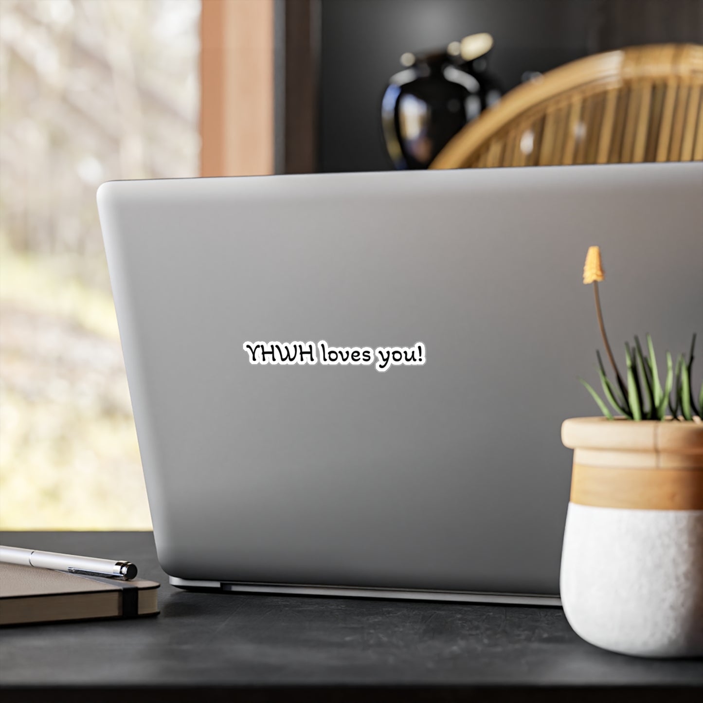 YHWH Loves You waterproof round vinyl Christian sticker — faith decal for laptops and journals