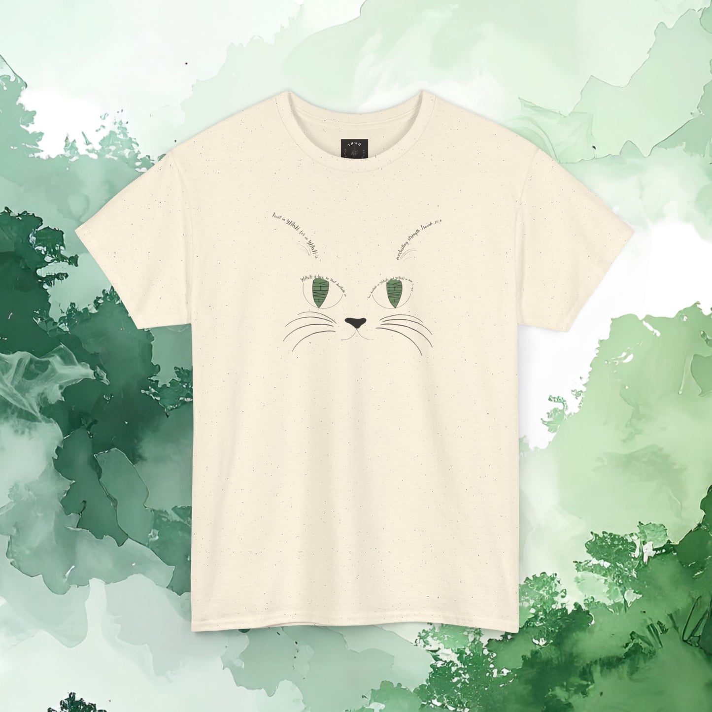 Scripture Cat Face T‑Shirt — Minimal Green Eyes Cute Cat Tee
