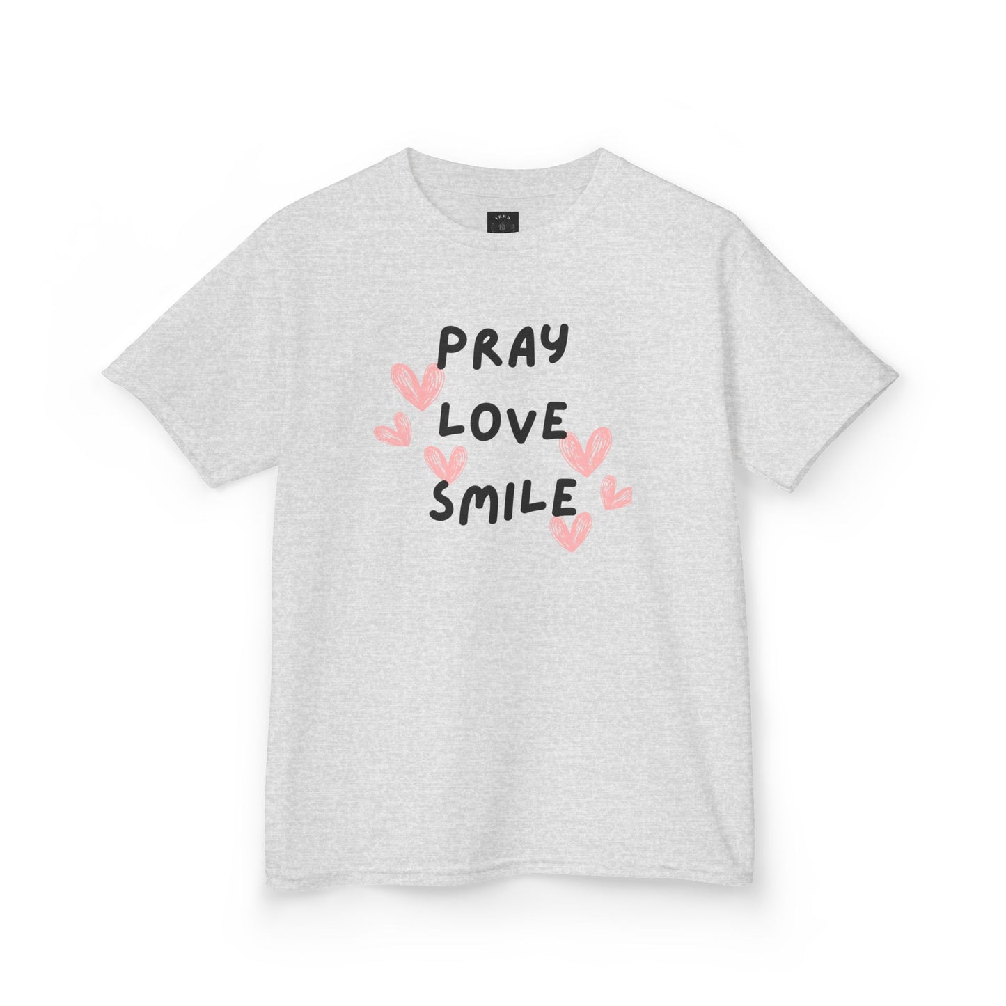 Kids Tee — "Pray Love Smile" Christian T‑Shirt with Hearts (YHWH Back)