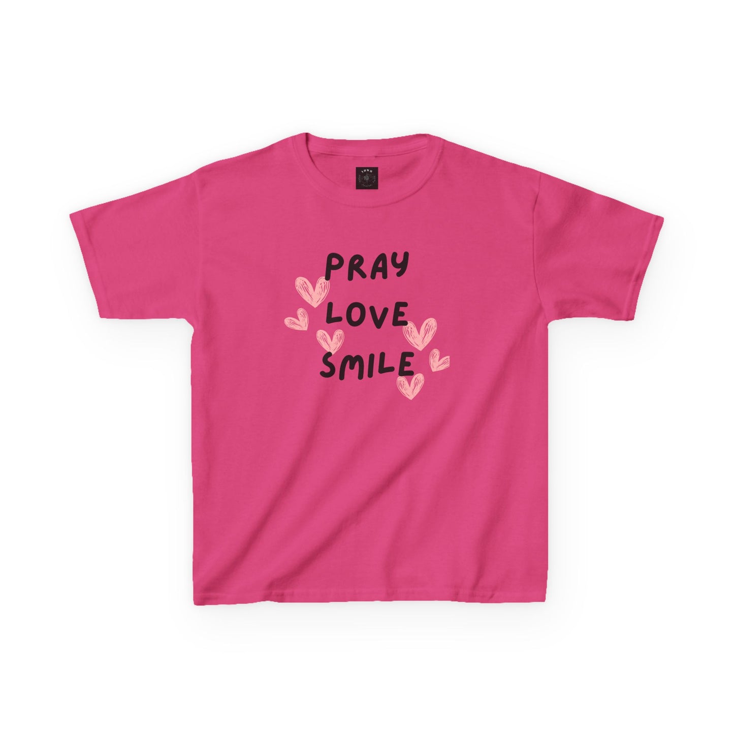 Kids Tee — "Pray Love Smile" Christian T‑Shirt with Hearts (YHWH Back)