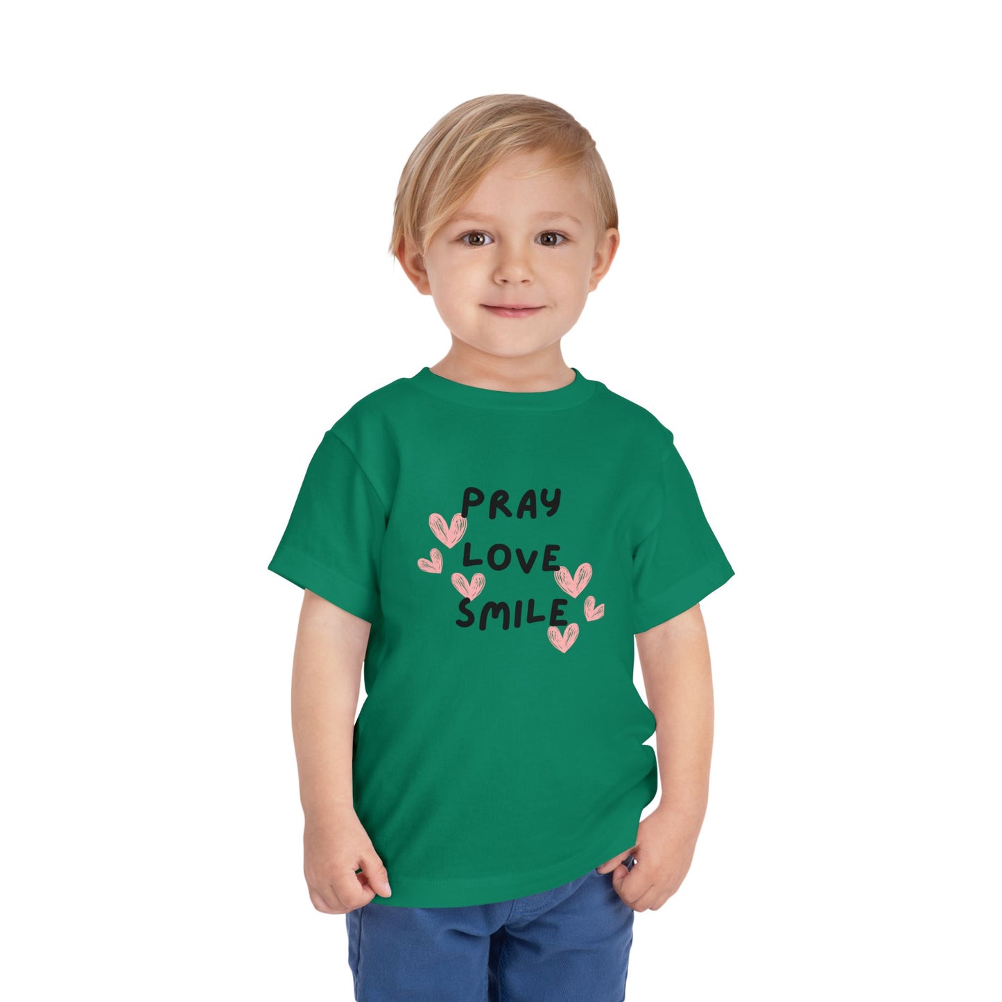 Toddler Tee — "Pray Love Smile" Christian Kids Shirt (YHWH Back)