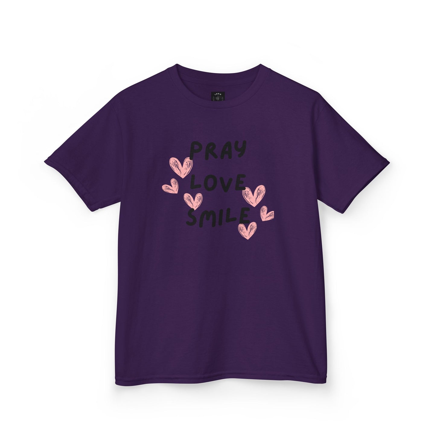 Kids Tee — "Pray Love Smile" Christian T‑Shirt with Hearts (YHWH Back)