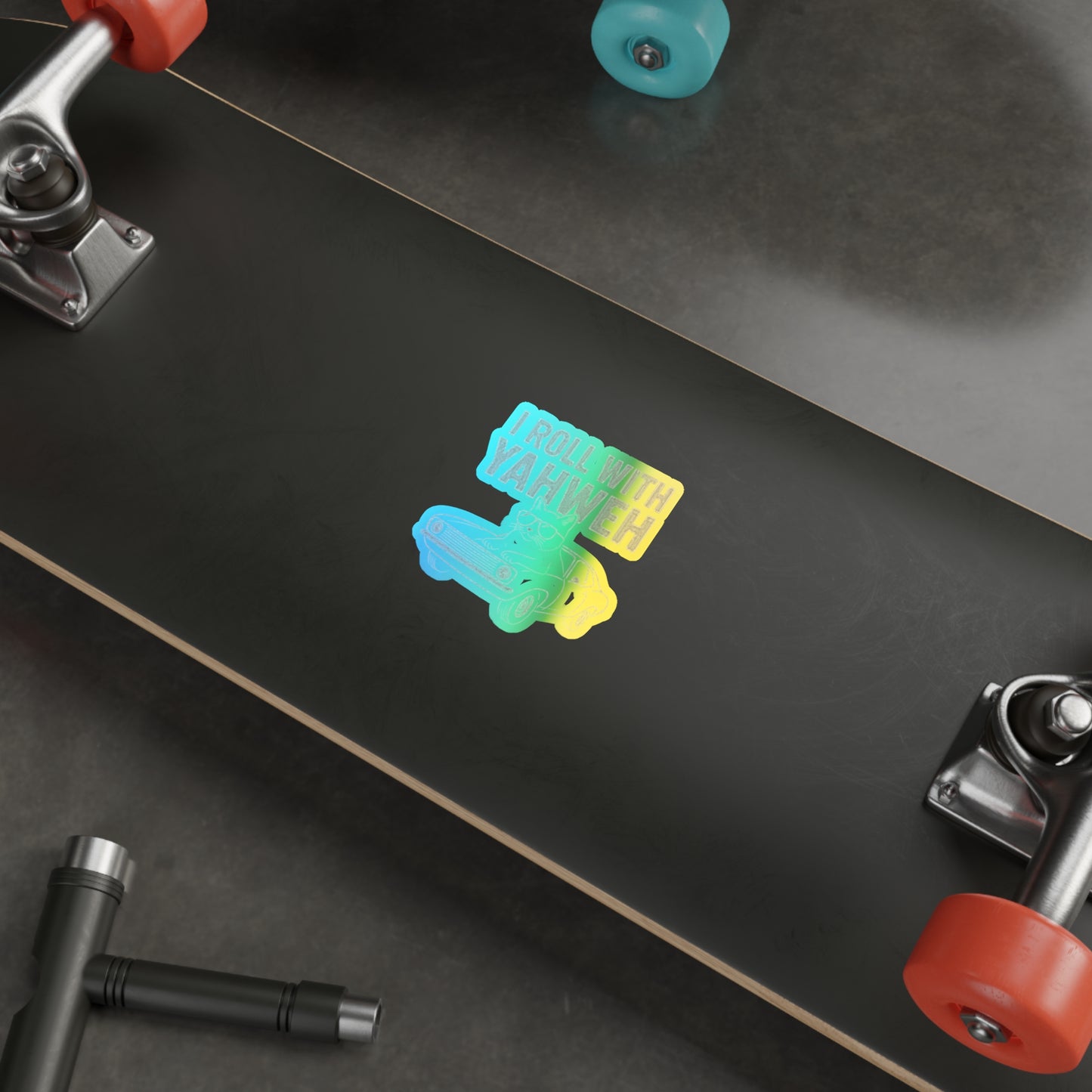 Holographic Die-Cut Sticker — "I Roll With Yahweh" Retro Car Design