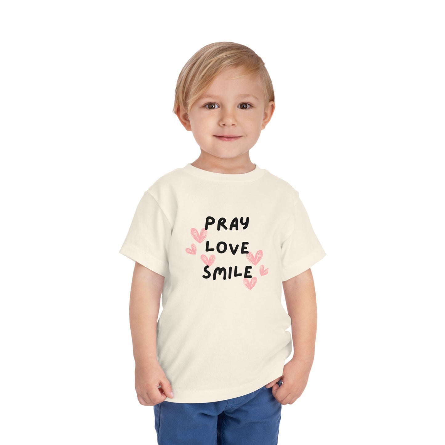 Toddler Tee — "Pray Love Smile" Christian Kids Shirt (YHWH Back)