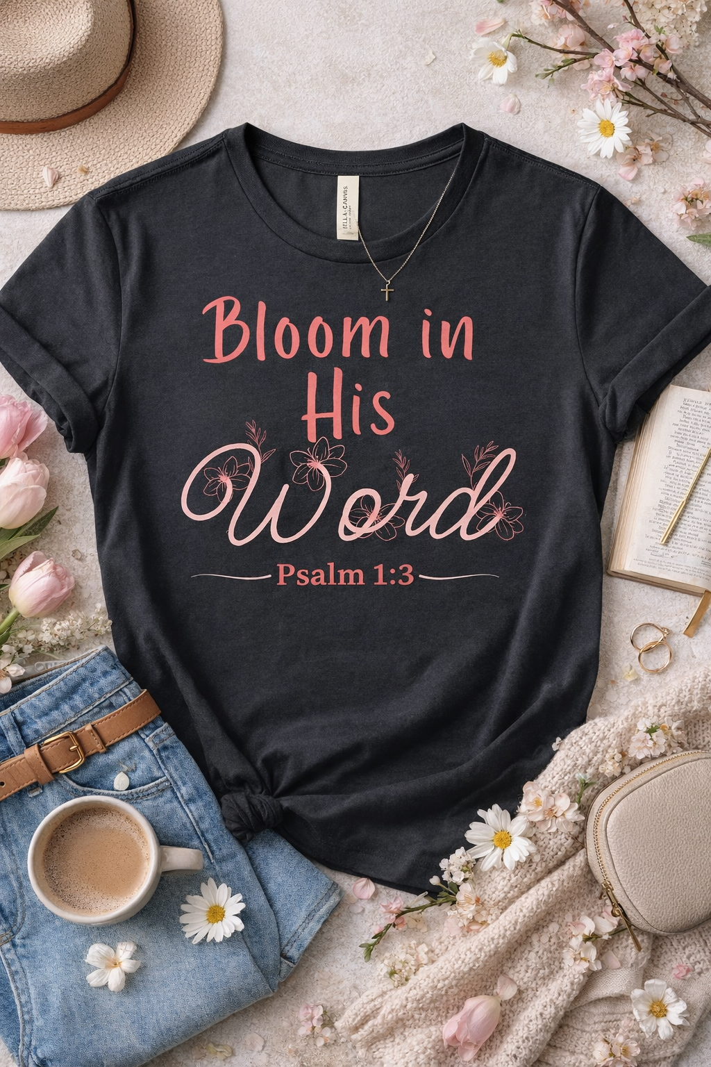 Bloom in His Word Psalm 1:3 Christian t-shirt with YHWH back script — faith tee